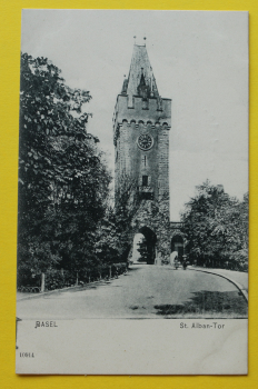 Ansichtskarte Basel / St. Albantor / 1900 / Straßenansicht – Turm – Uhr